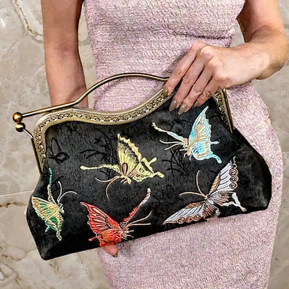 Vintage Butterfly Embroidered Handbag with Metal Kiss-Lock