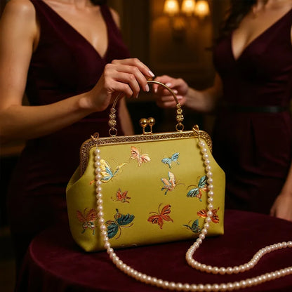 Butterfly Garden Embroidered Handbag with Vintage Metal Kiss-Lock