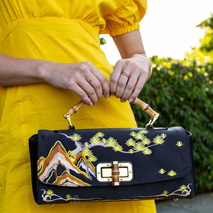 Mountain Pine Embroidered Boston Bag with Bamboo Handle