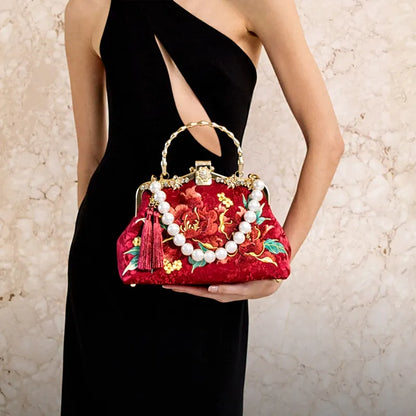 Red Peony Bloom Embroidered Handbag Bag with Pearl Handle