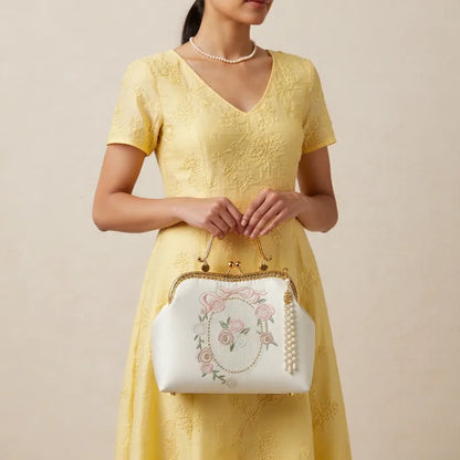 Vintage Rose Embroidered Handbag with Pearl Tassel & Gold Handle