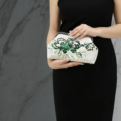 Emerald Green Floral Embroidered Clutch Bag With Pearl Handle