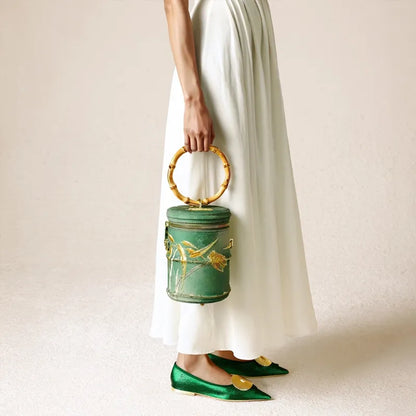Cicada Song Embroidered Green Mini Bucket Bag