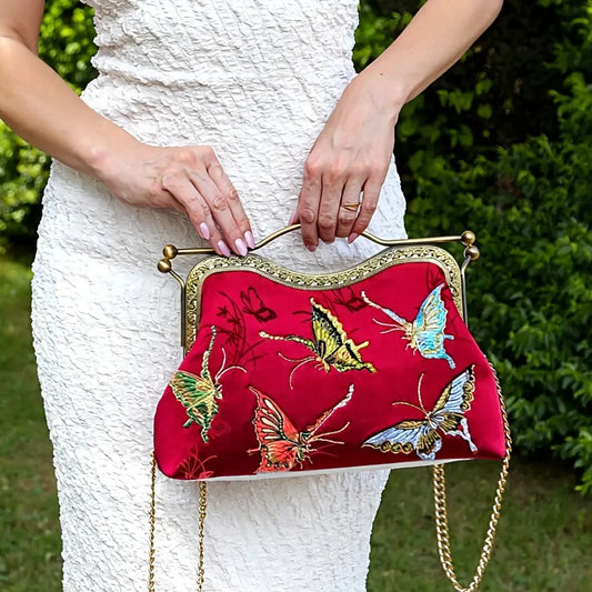 Vintage Butterfly Embroidered Handbag with Metal Kiss-Lock