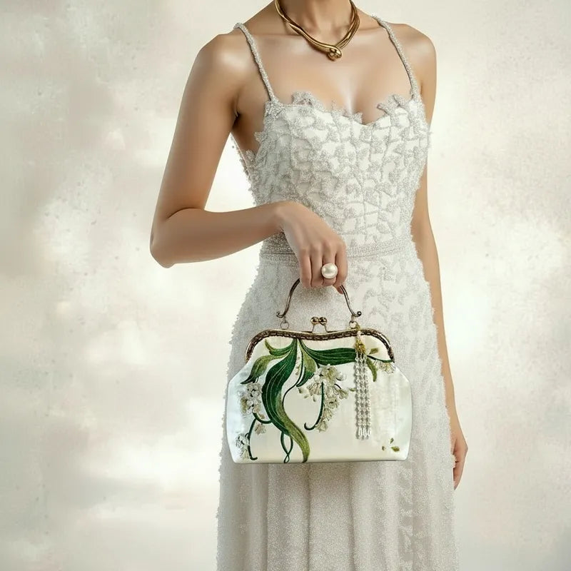 Lily of the Valley Embroidered Kiss-Lock White Handbag with Pearl Tassel