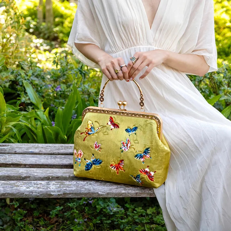 Butterfly Garden Embroidered Handbag with Vintage Metal Kiss-Lock