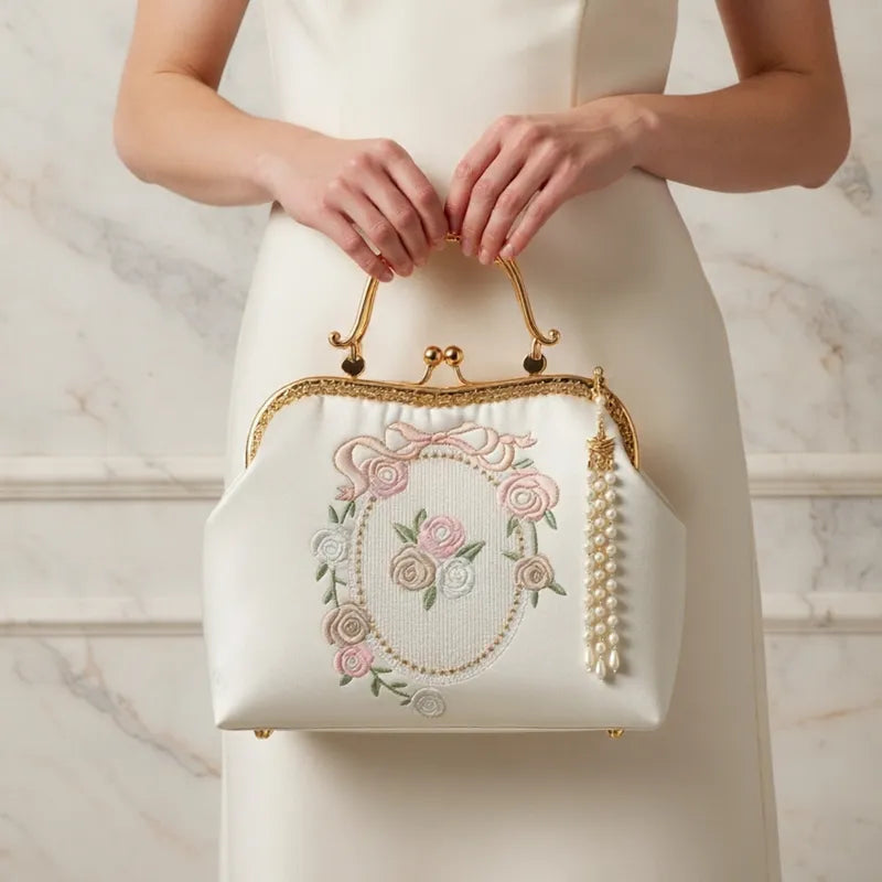 Vintage Rose Embroidered Handbag with Pearl Tassel & Gold Handle