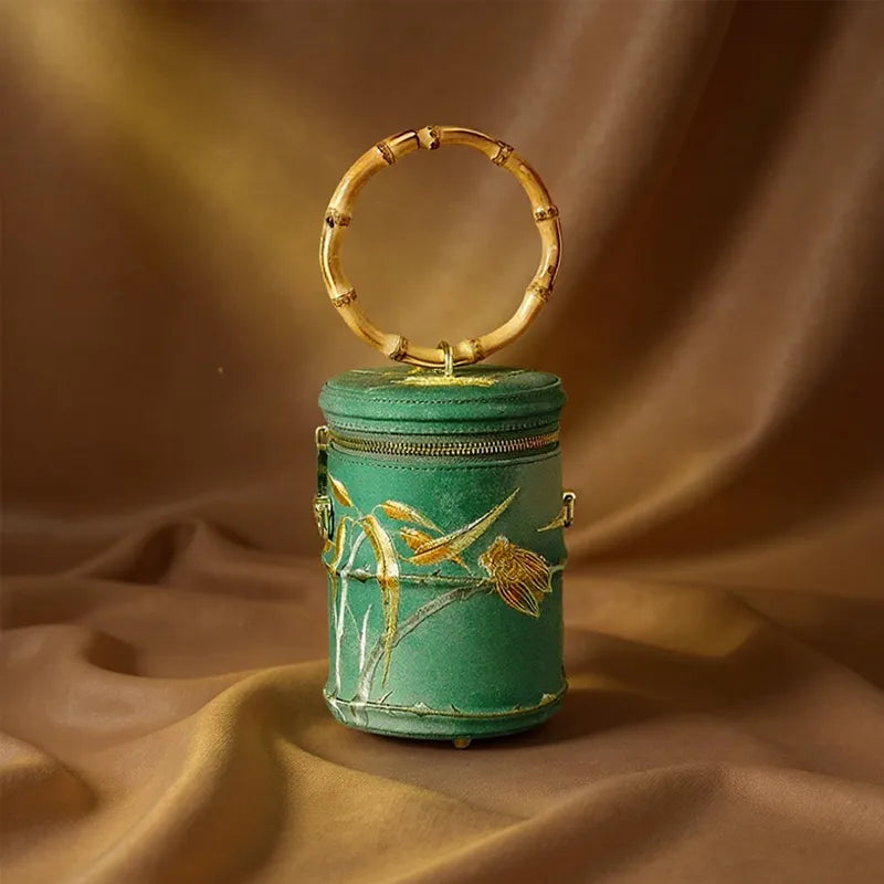 Cicada Song Embroidered Green Mini Bucket Bag