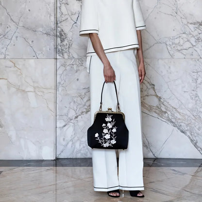 Milk Silk White Nightshade Embroidered Small Square Bag With Leather Handle