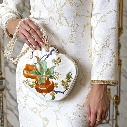 Persimmon Embroidered Pearl Chain Kiss-Lock Crossbody Bag