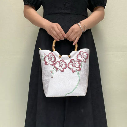 3D Embroidered Flowers & Bamboo Handle White Tote Bag