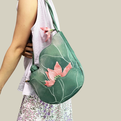 Green Lotus Embroidered Shoulder Bag
