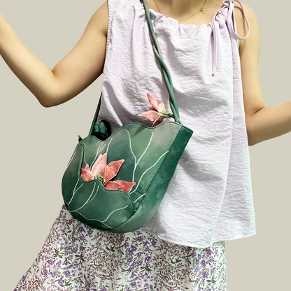 Green Lotus Embroidered Shoulder Bag