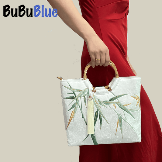 Bamboo Leaf Embroidered White Tote Bag with Bamboo Handle