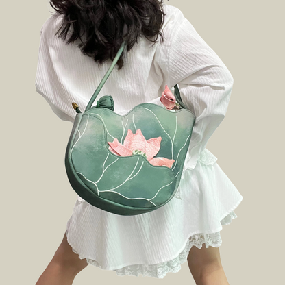 Green Lotus Embroidered Shoulder Bag