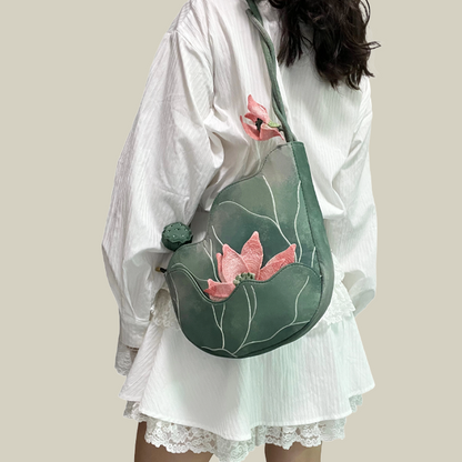 Green Lotus Embroidered Shoulder Bag