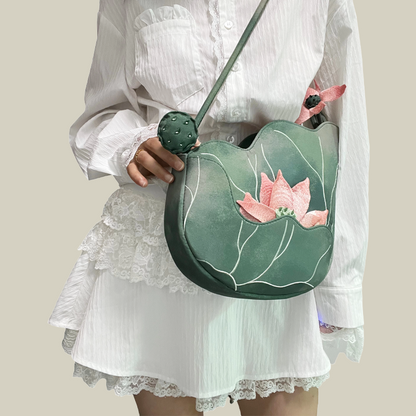 Green Lotus Embroidered Shoulder Bag