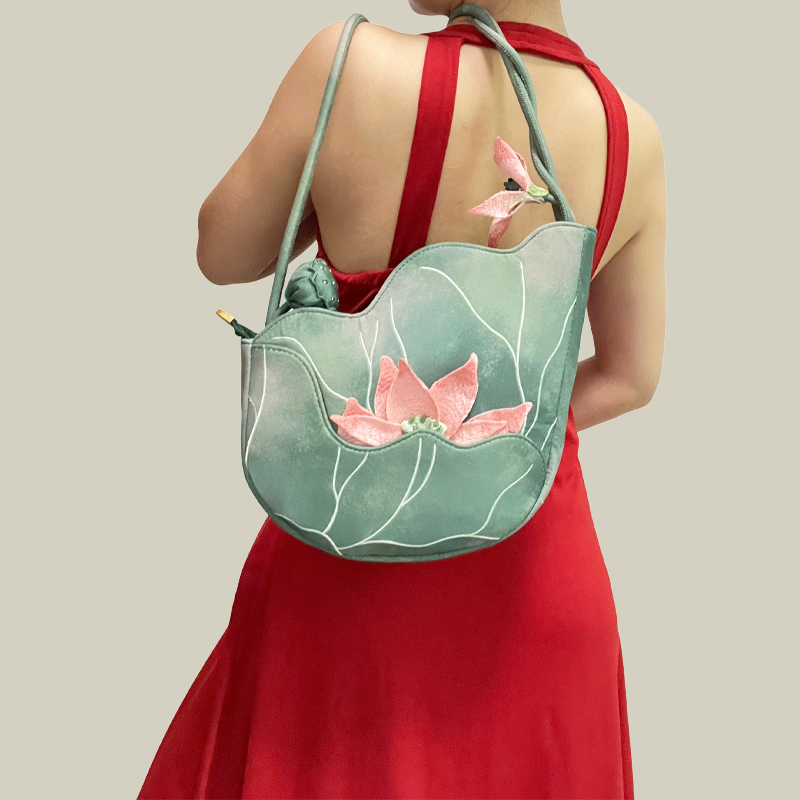 Green Lotus Embroidered Shoulder Bag