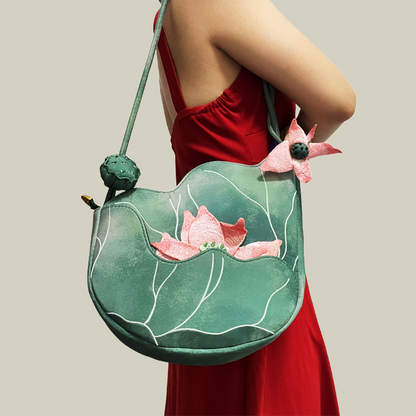 Green Lotus Embroidered Shoulder Bag