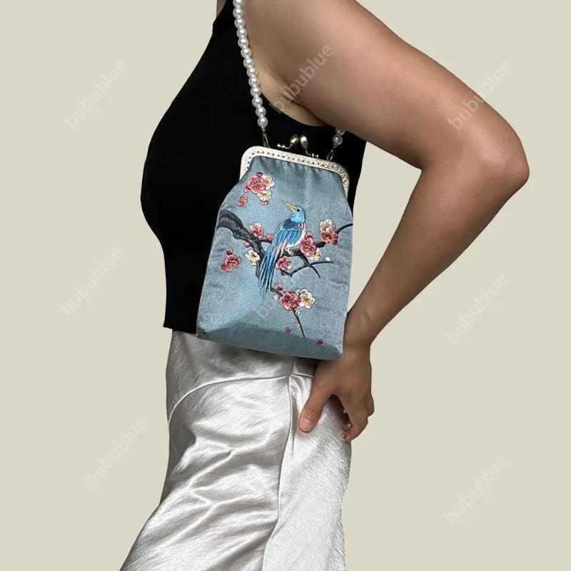 Magpie Embroidered Crossbody Phone Bag with Pearl Handle