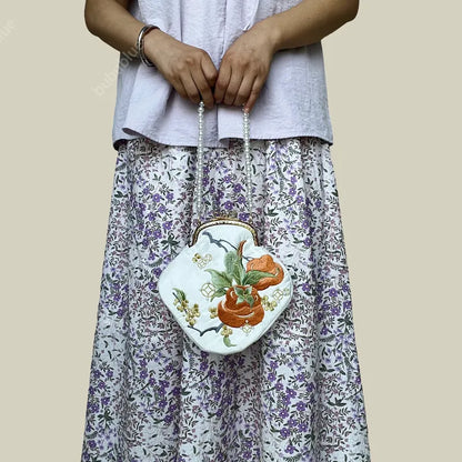 Persimmon Embroidered Pearl Chain Kiss-Lock Crossbody Bag