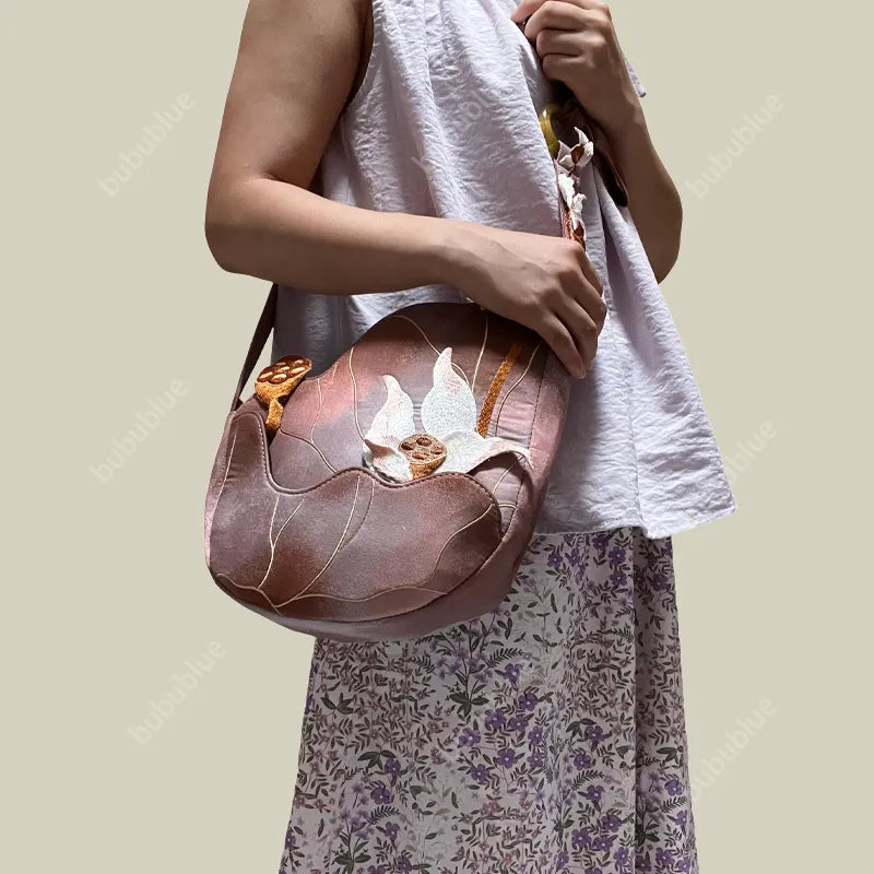 3D Lotus Embroidered Tie-dye Brown Crossbody Bag