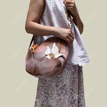 3D Lotus Embroidered Tie-dye Brown Crossbody Bag