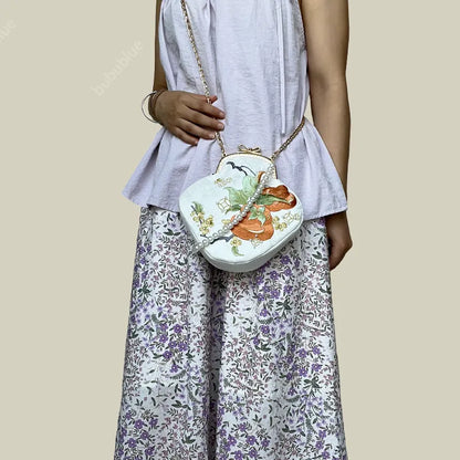 Persimmon Embroidered Pearl Chain Kiss-Lock Crossbody Bag