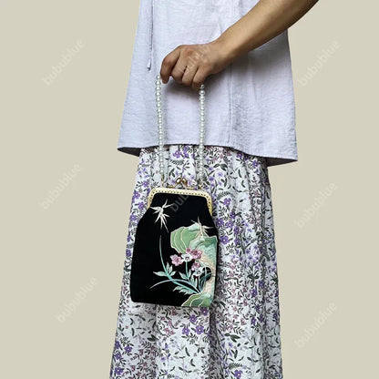 Orchid Whisper Embroidered Mini Crossbody Bag with Pearl Handle