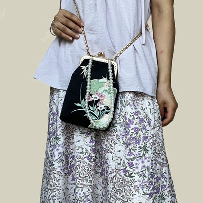 Orchid Whisper Embroidered Mini Crossbody Bag with Pearl Handle