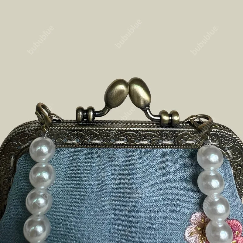 Magpie Embroidered Crossbody Phone Bag with Pearl Handle