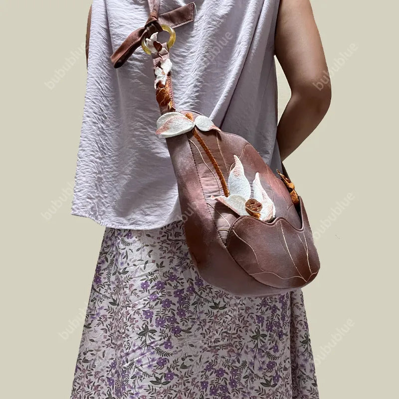 3D Lotus Embroidered Tie-dye Brown Crossbody Bag