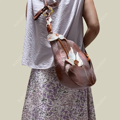 3D Lotus Embroidered Tie-dye Brown Crossbody Bag