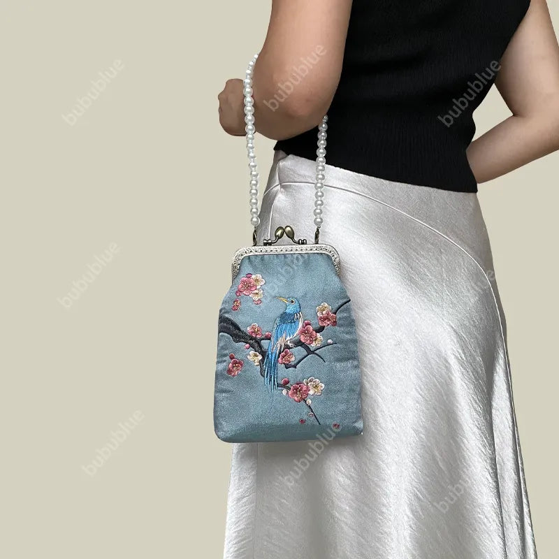Magpie Embroidered Crossbody Phone Bag with Pearl Handle