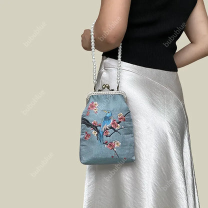 Magpie Embroidered Crossbody Phone Bag with Pearl Handle
