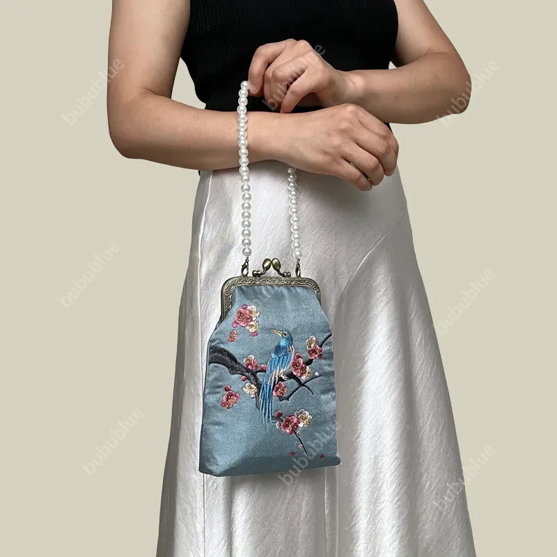 Magpie Embroidered Crossbody Phone Bag with Pearl Handle