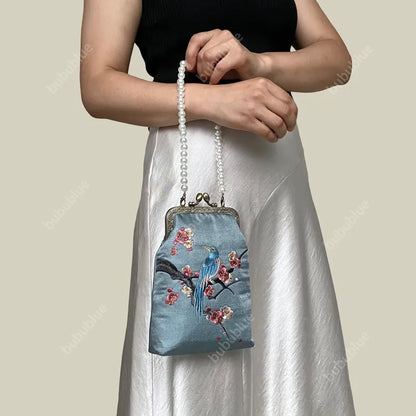 Magpie Embroidered Crossbody Phone Bag with Pearl Handle