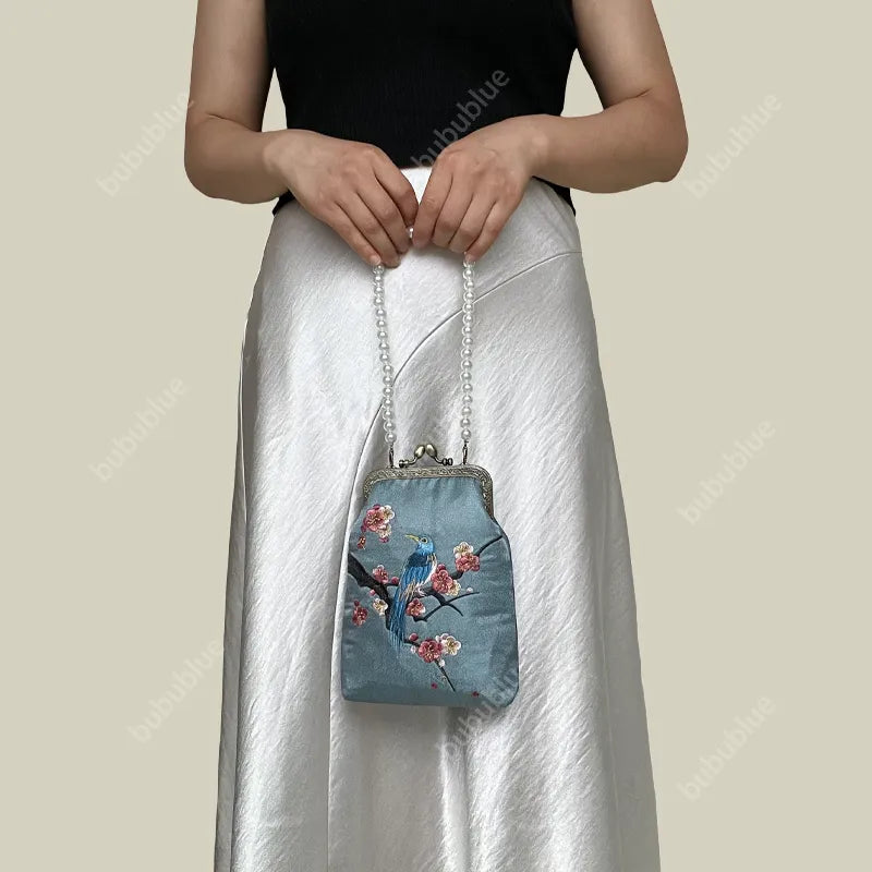Magpie Embroidered Crossbody Phone Bag with Pearl Handle