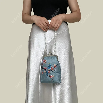 Magpie Embroidered Crossbody Phone Bag with Pearl Handle