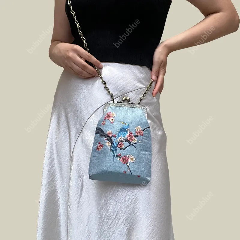 Magpie Embroidered Crossbody Phone Bag with Pearl Handle