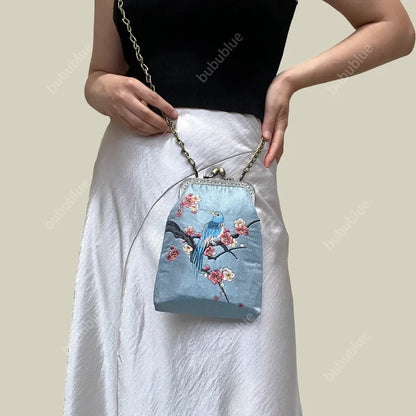 Magpie Embroidered Crossbody Phone Bag with Pearl Handle