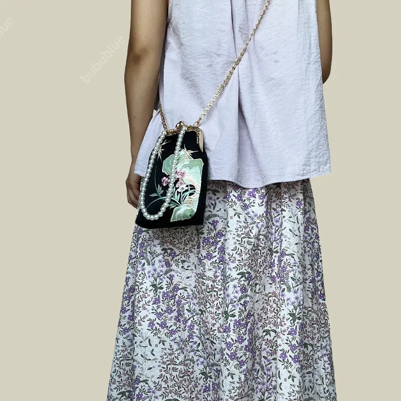 Orchid Whisper Embroidered Mini Crossbody Bag with Pearl Handle
