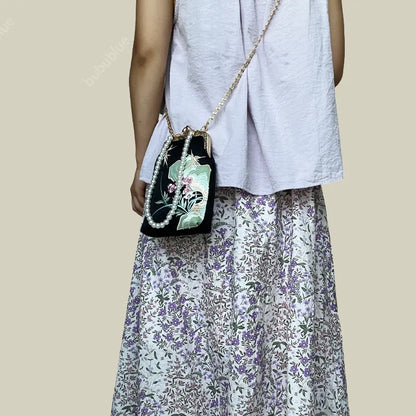 Orchid Whisper Embroidered Mini Crossbody Bag with Pearl Handle
