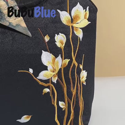 Floral Embroidered Tote Bag with Bamboo Handle & Silk Scarf