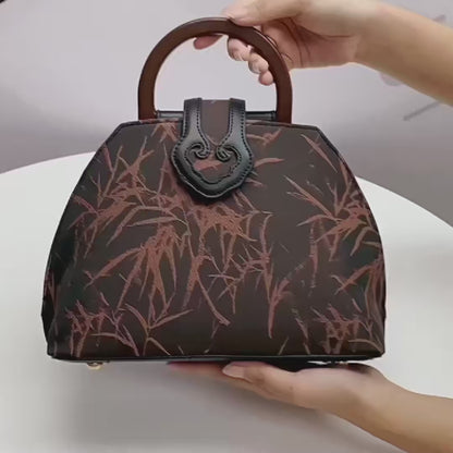 Bamboo Leaf Print Wooden Handle Shell Bag with Crossbody Strap