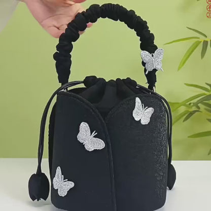 Black Butterfly Embroidered Vintage Bucket Bag Crossbody