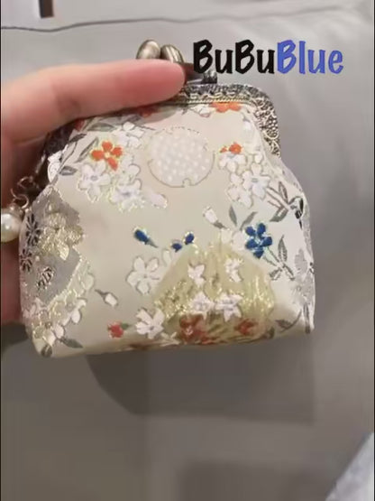 Pomegranate Blossom Brocade Coin Purse with Pearl Handle