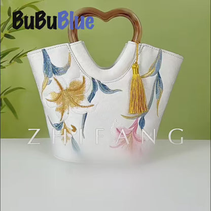 Lily Embroidered Tote Bag with Heart Handle