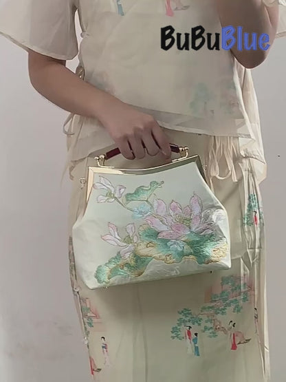 BUBUBLUE Chinese Style Embroidered Square Lotus Cheongsam Handbag With Long Chain