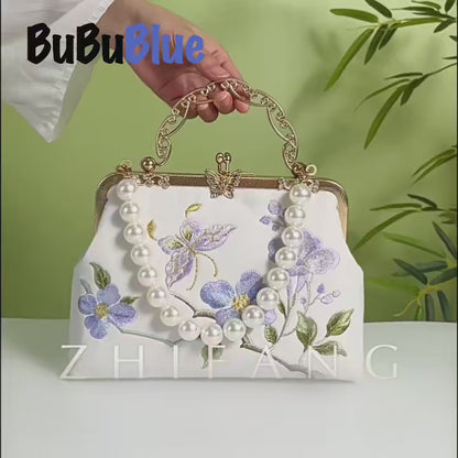 Butterfly Embroidered White Handbag with Metal Kiss-Lock